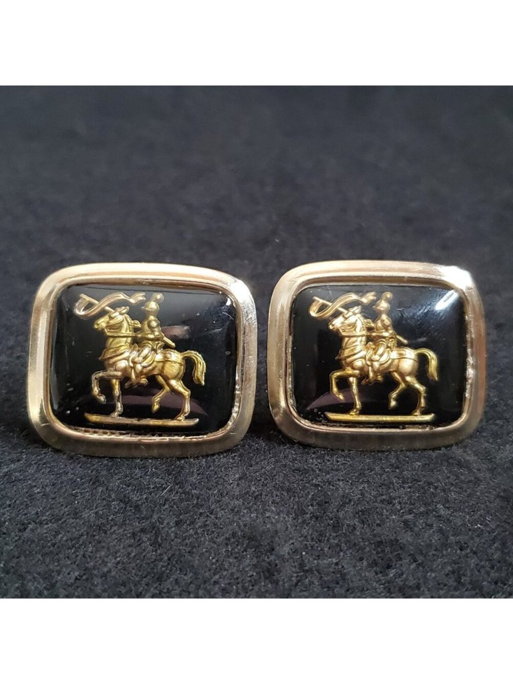 Vintage Warrior Cufflinks Gold Tone Black Equestrian 1.25" READ